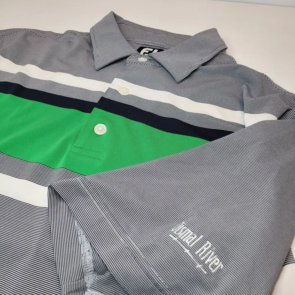 FootJoy Golf Polo Mens Medium Gray Green Striped Short Sleeve Excellent Stretch